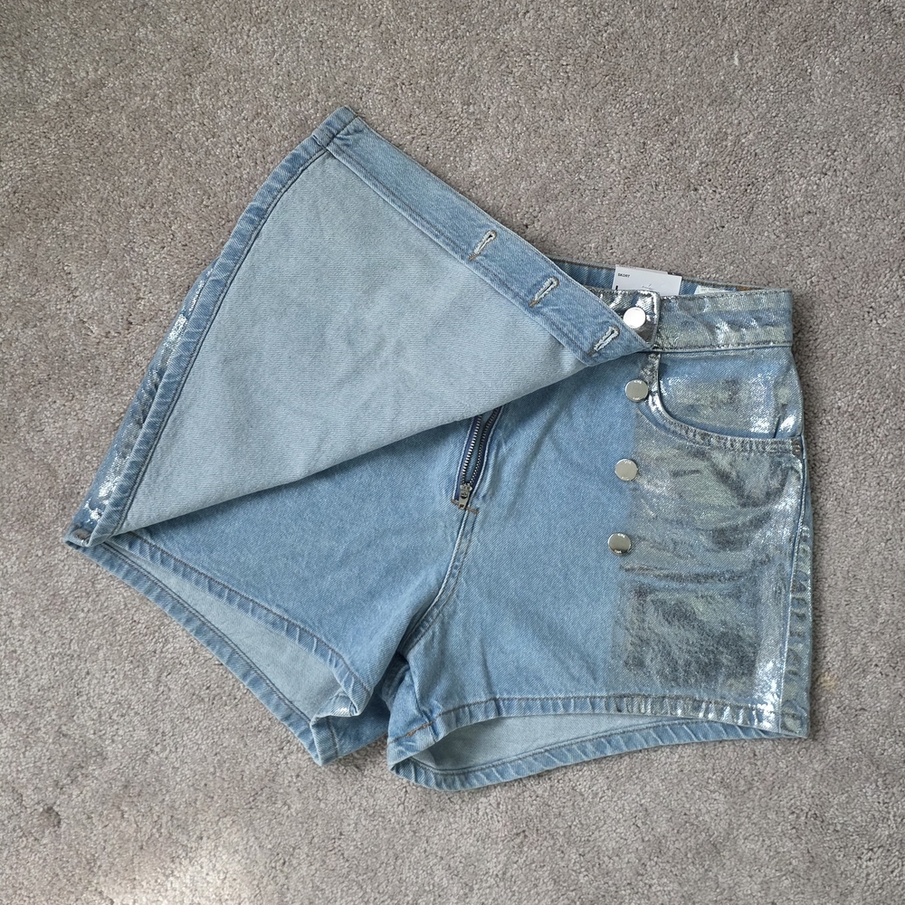 Zara Metallic Light Blue Denim Shorts Skort - Picture 3 of 6